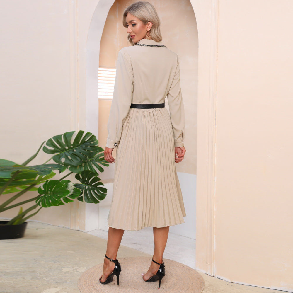 Belted Bendown Collar Lond Sleeve Dress