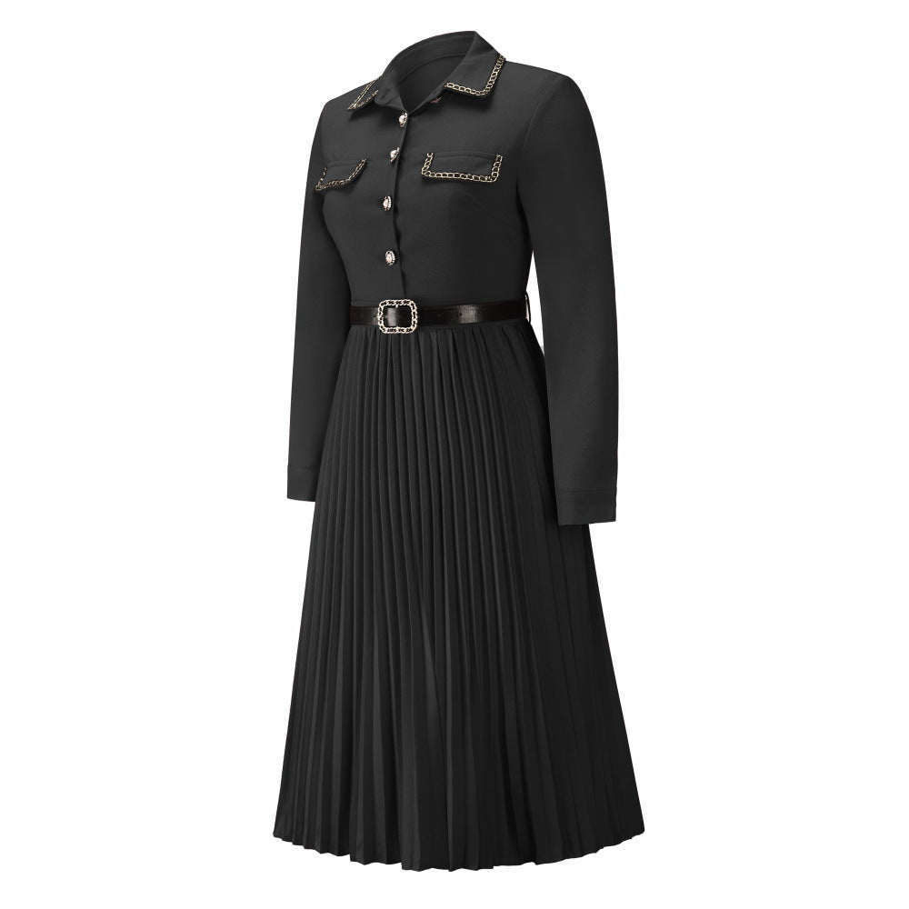 Belted Bendown Collar Lond Sleeve Dress