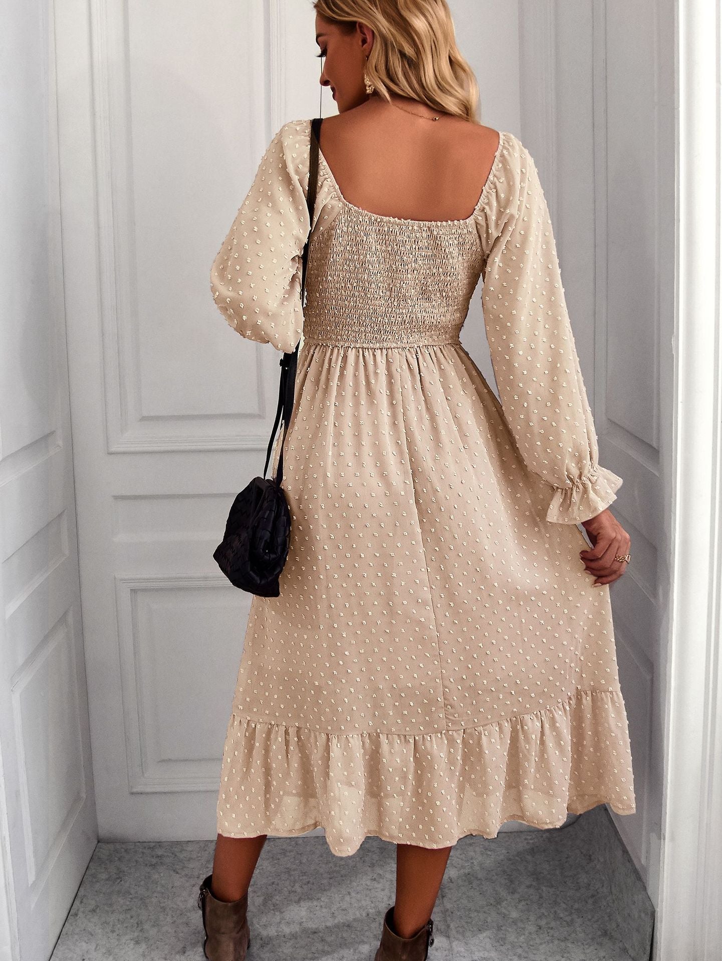 Wide Neck Long Sleeve Flare Midi Dress