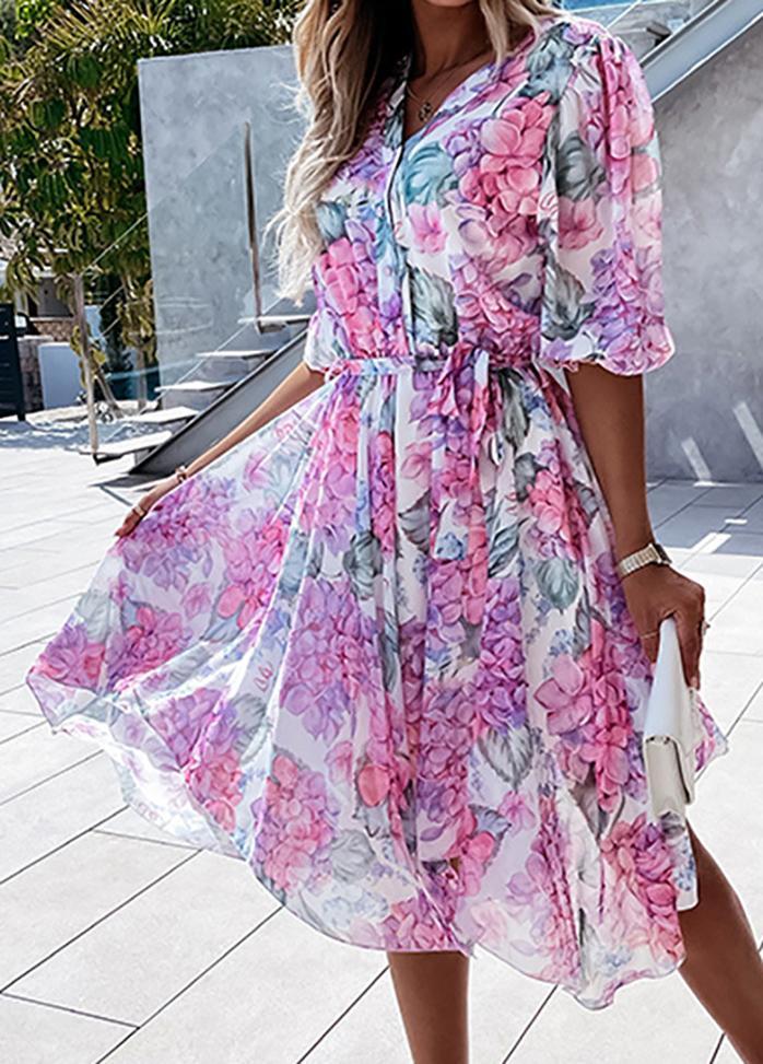 Flouncing Printed V Neck Button Casual Dress