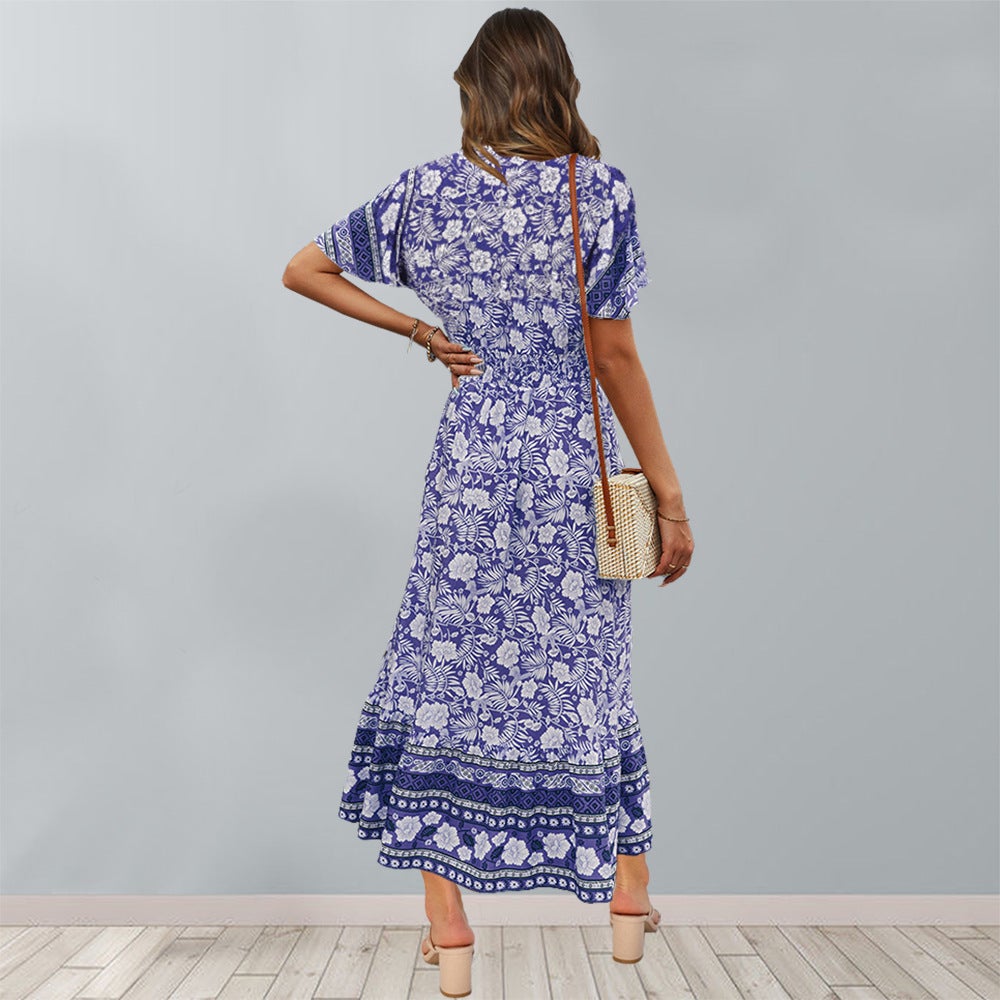 Floral V Neck Short Sleeve Midi Dress