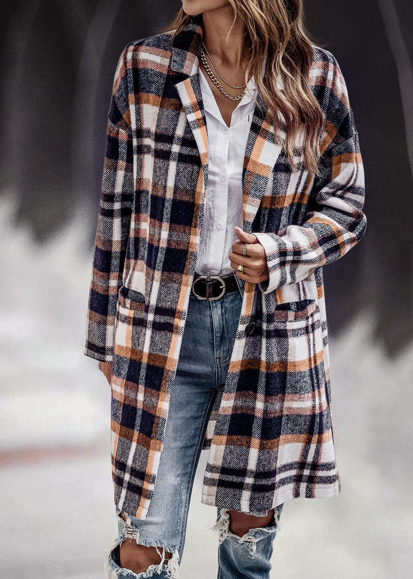 Bend Down Collar Long Sleeve Plaid Open Front Long Cardigan