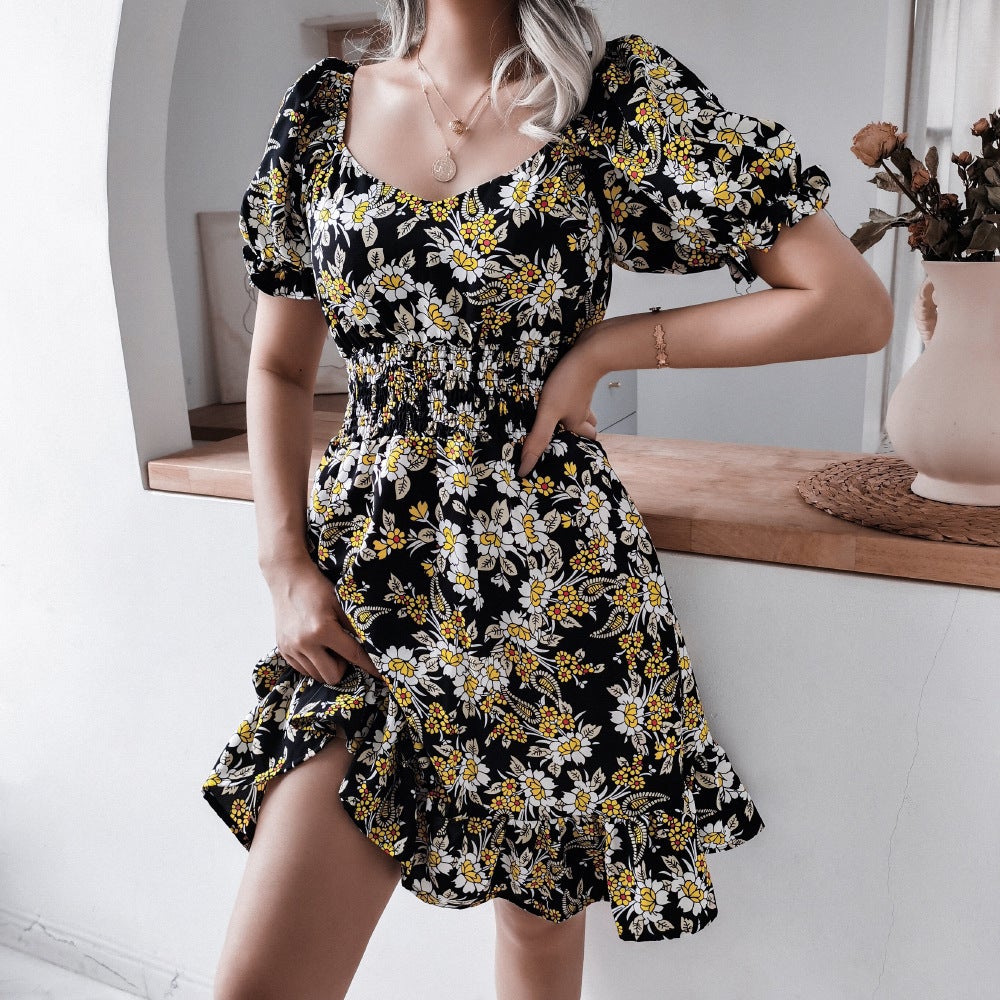 Floral Short Sleeve Elastic Waist Mini Dress