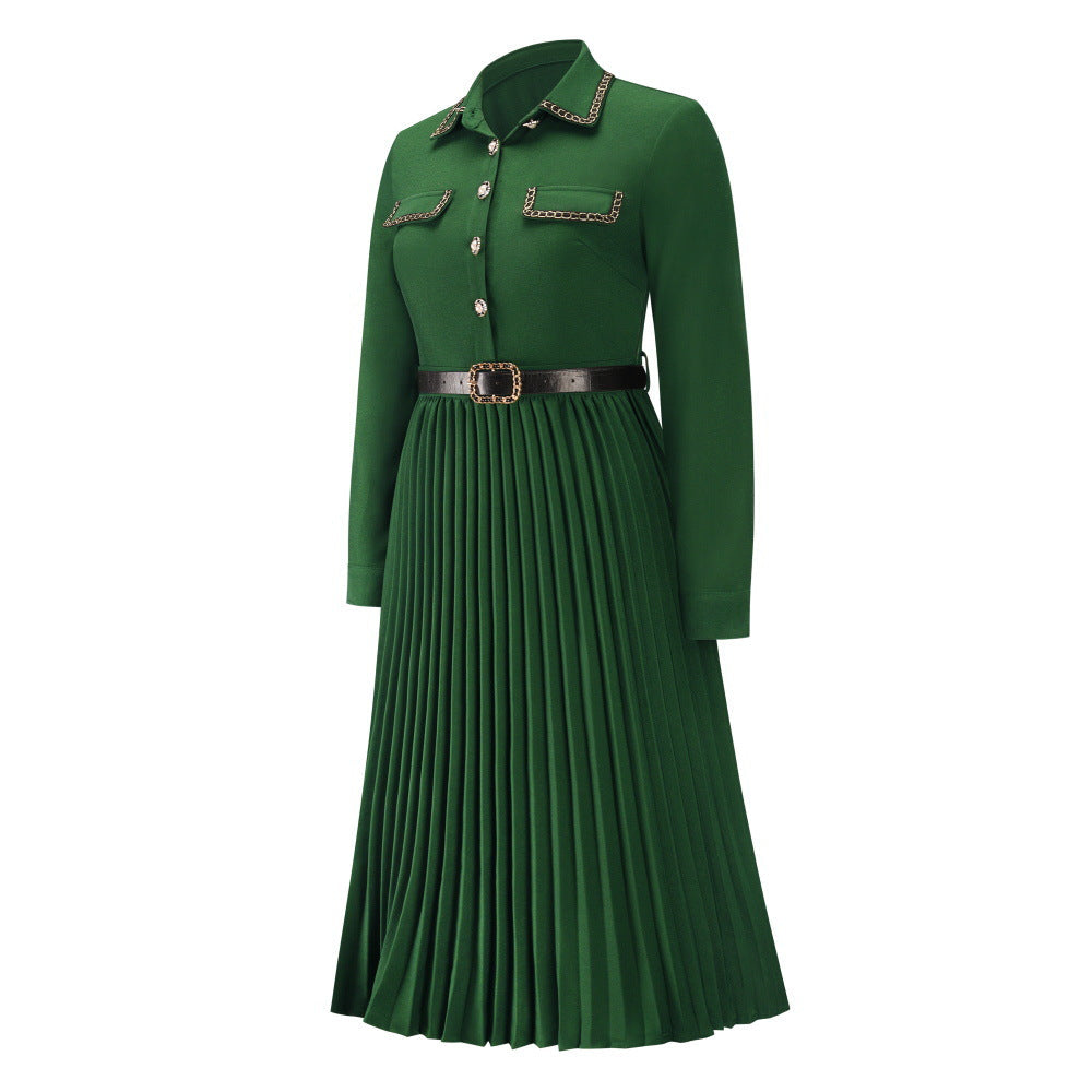 Belted Bendown Collar Lond Sleeve Dress