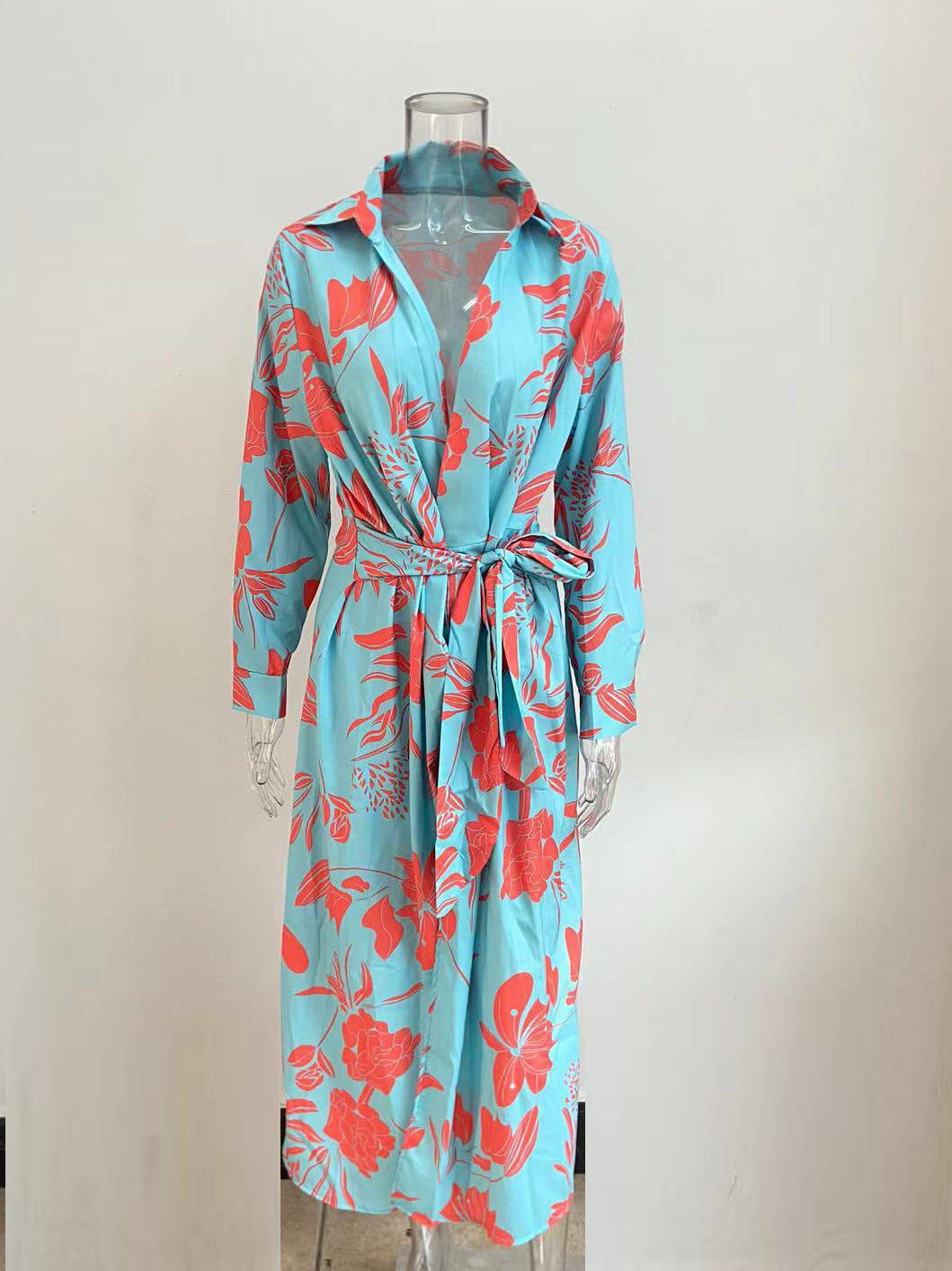 Elegant Long Sleeve V-Neck Print Wrap-Front Maxi Dress