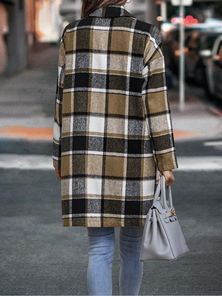 Bend Down Collar Long Sleeve Plaid Open Front Long Cardigan