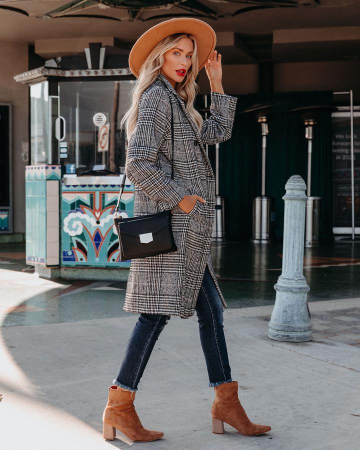 Big Notch Lapel Collar Wool Blend Plaid Long Peacoat Trench Coat