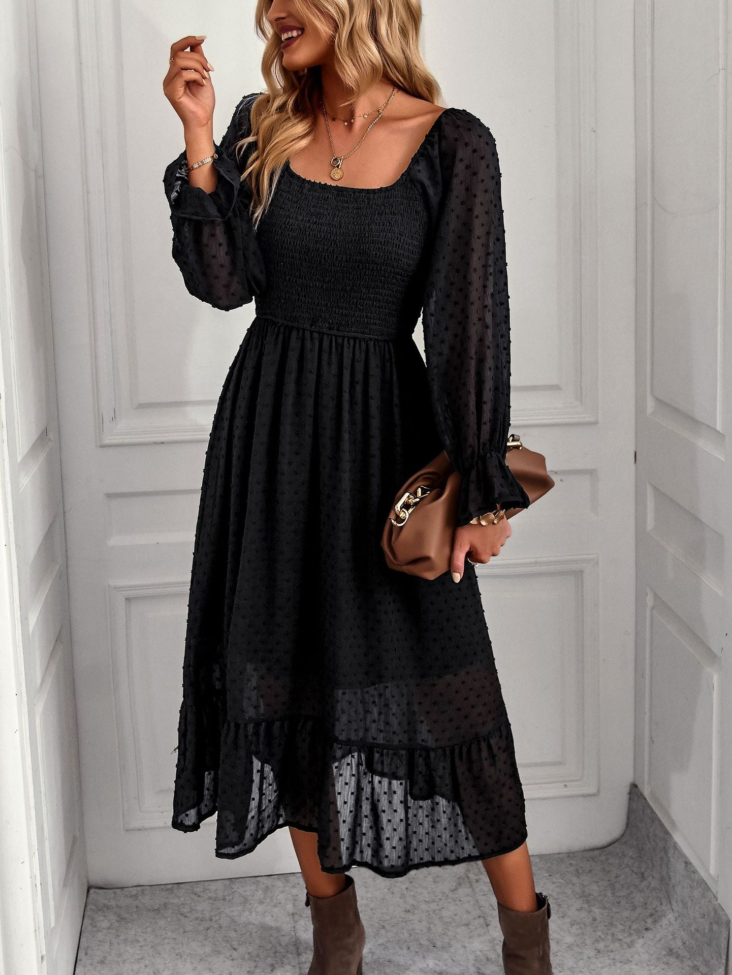 Wide Neck Long Sleeve Flare Midi Dress