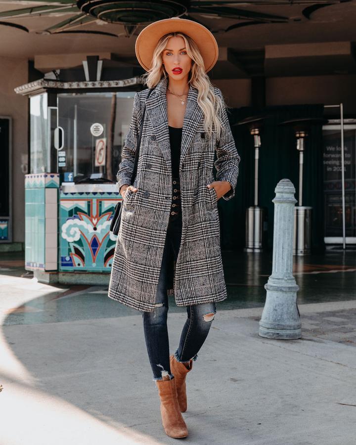 Big Notch Lapel Collar Wool Blend Plaid Long Peacoat Trench Coat