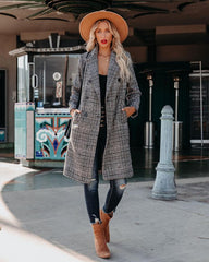 Big Notch Lapel Collar Wool Blend Plaid Long Peacoat Trench Coat