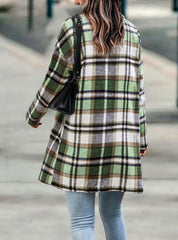 Bend Down Collar Long Sleeve Plaid Open Front Long Cardigan