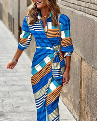 Elegant Long Sleeve V-Neck Print Wrap-Front Maxi Dress