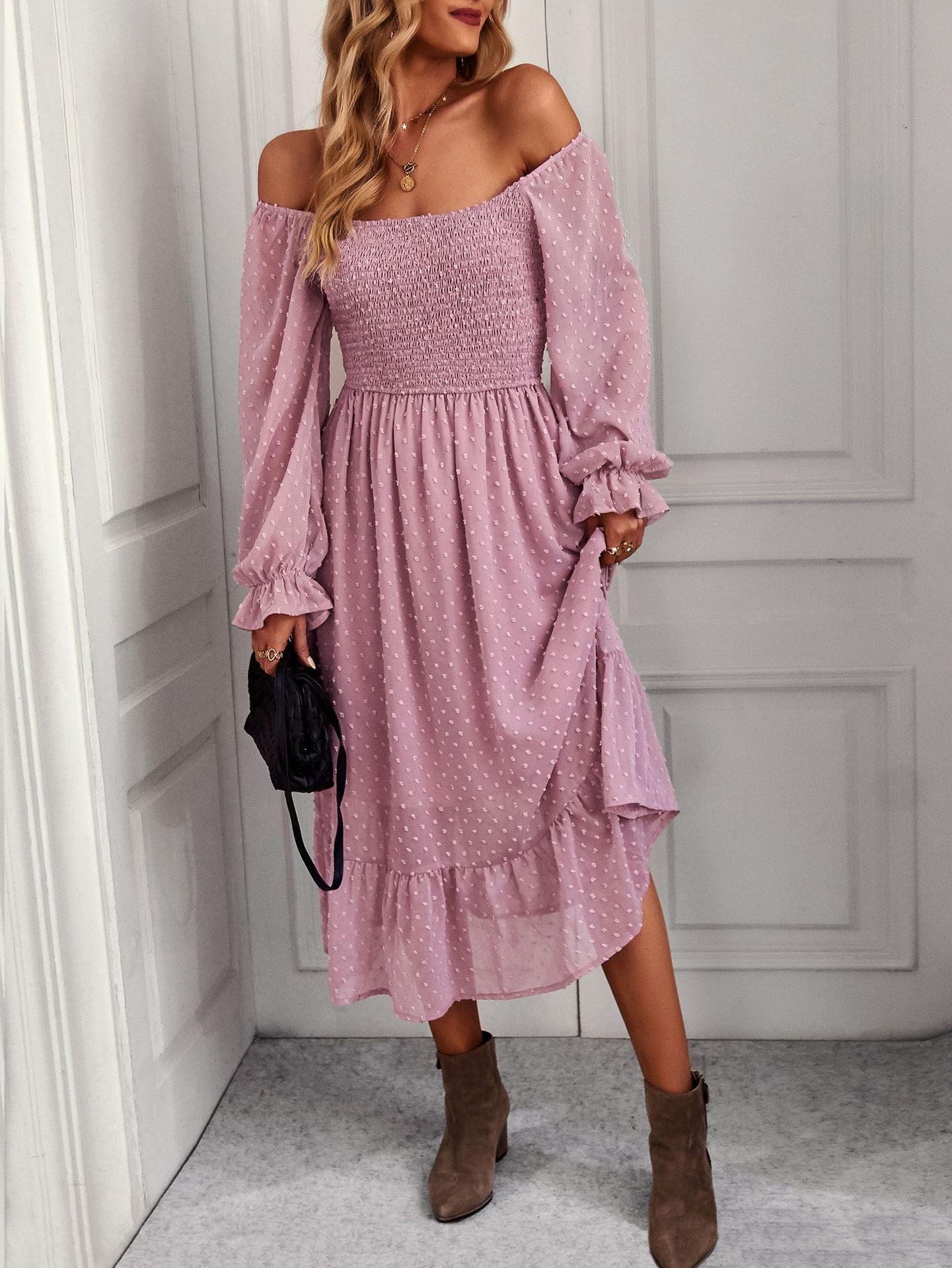 Wide Neck Long Sleeve Flare Midi Dress