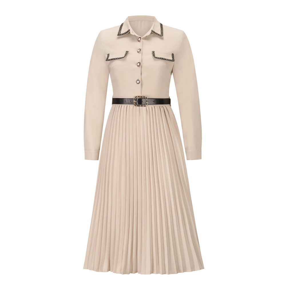 Belted Bendown Collar Lond Sleeve Dress