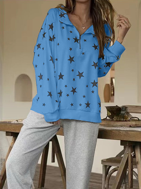 Fashion Turn-Down Collar Star Printed Long Sleeve Loose Blouse Top