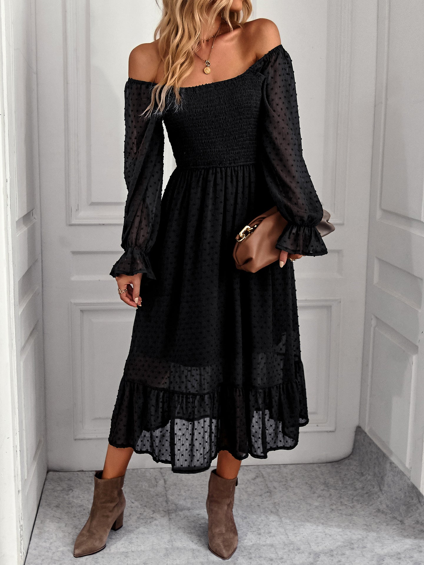 Wide Neck Long Sleeve Flare Midi Dress