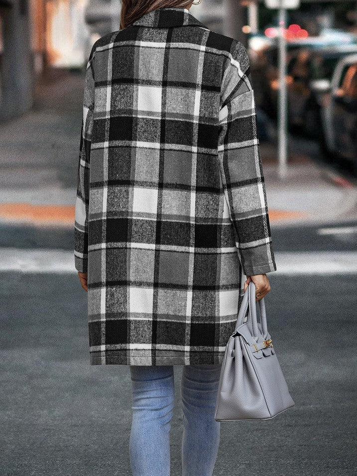 Bend Down Collar Long Sleeve Plaid Open Front Long Cardigan