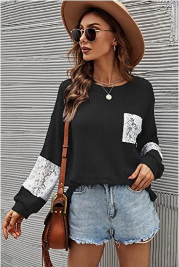 Casual Lace Pocket Round Neck Sweatshirt