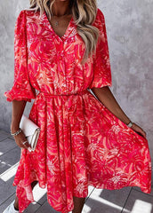 Flouncing Printed V Neck Button Casual Dress