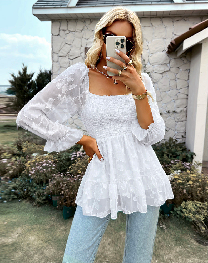 Elegant U-Neck Long Sleeve Lace Top Blouse