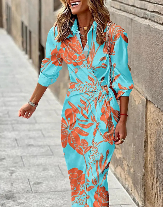 Elegant Long Sleeve V-Neck Print Wrap-Front Maxi Dress