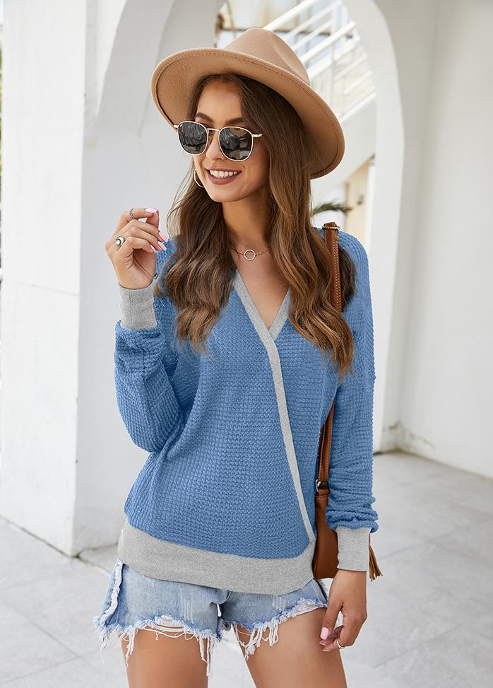 Long Sleeve V Neck Patchwork T-shirt