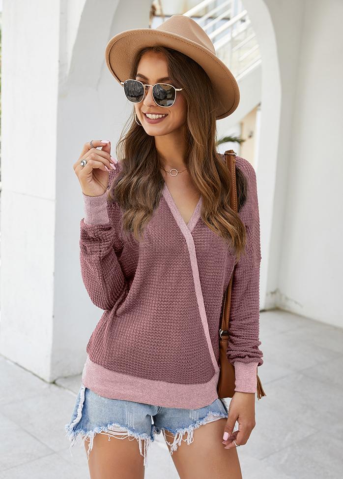 Long Sleeve V Neck Patchwork T-shirt