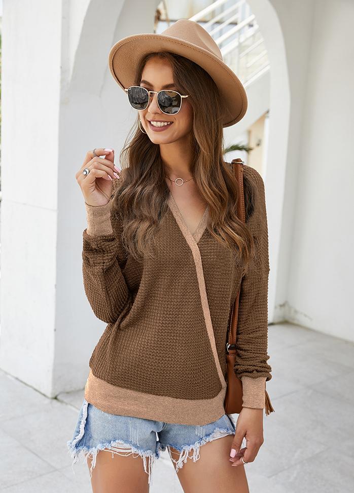 Long Sleeve V Neck Patchwork T-shirt