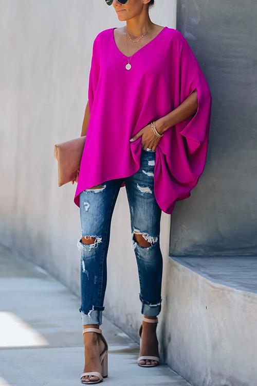 Solid V Neck Bat Blouse