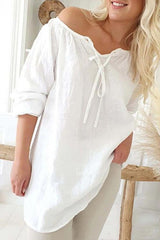 Boat Lace Up Neck Loose Blouse