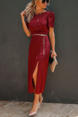 Stay Fashionably Focused Satin Slit Midi Dress