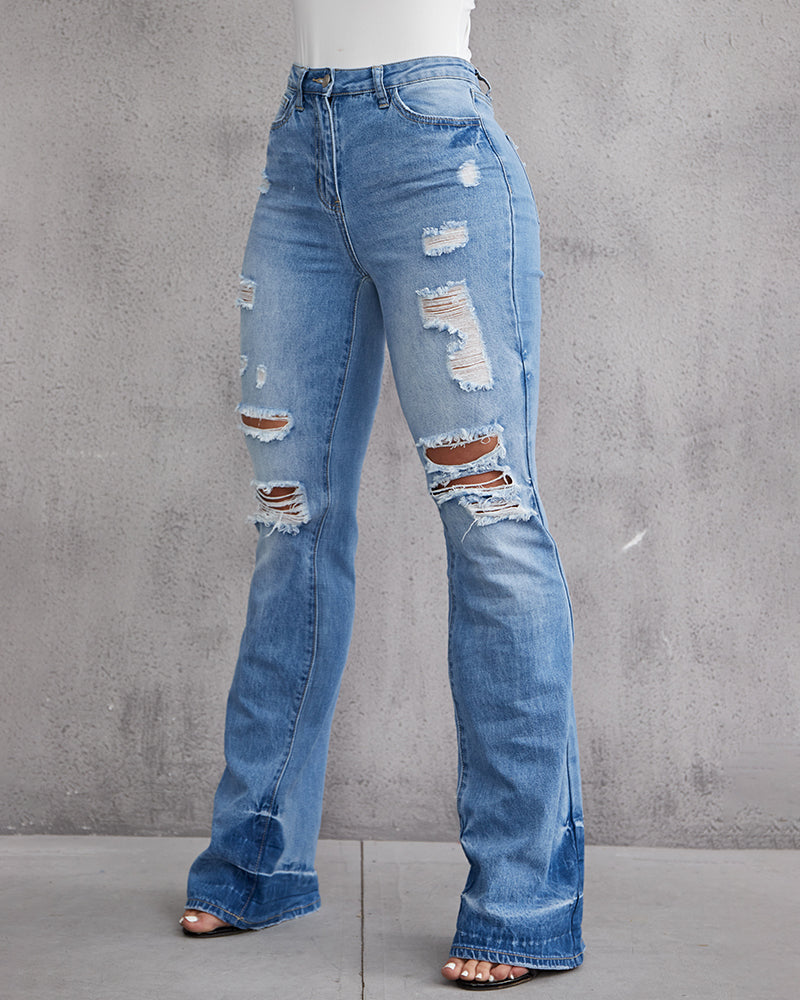 90s Vintage Ripped Mid Waist Flare Jeans