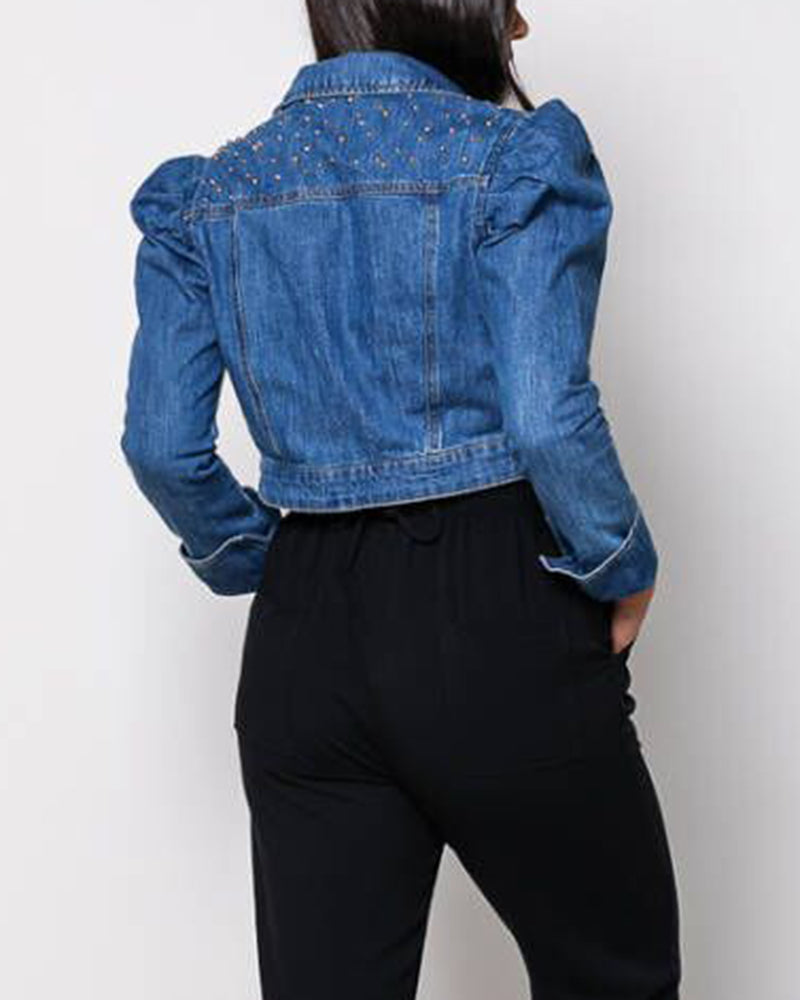 Beading Decor Button Up Puff Sleeve Denim Jacket