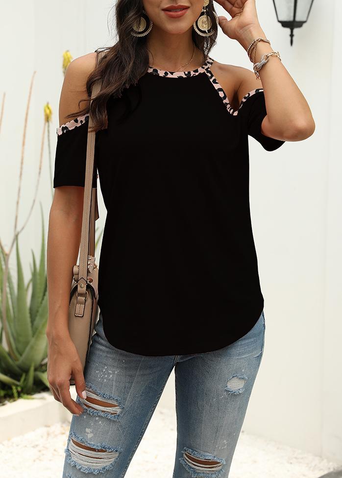 Cold Shoulder Leopard Patchwork Round Neck Short Sleeve T-shirt