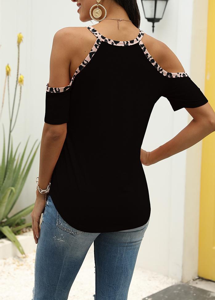 Cold Shoulder Leopard Patchwork Round Neck Short Sleeve T-shirt