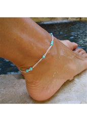 Blue Bead Embellished Silver Metal Anklet