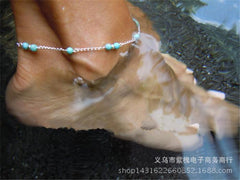 Blue Bead Embellished Silver Metal Anklet