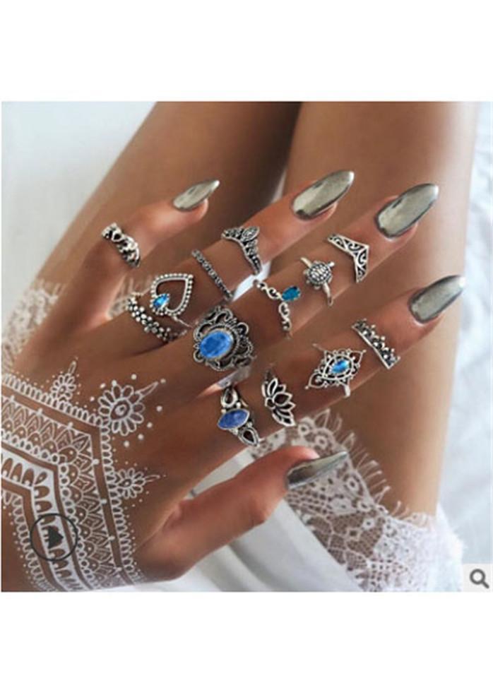 Blue Rhinestone Embellished Silver Metal Rings