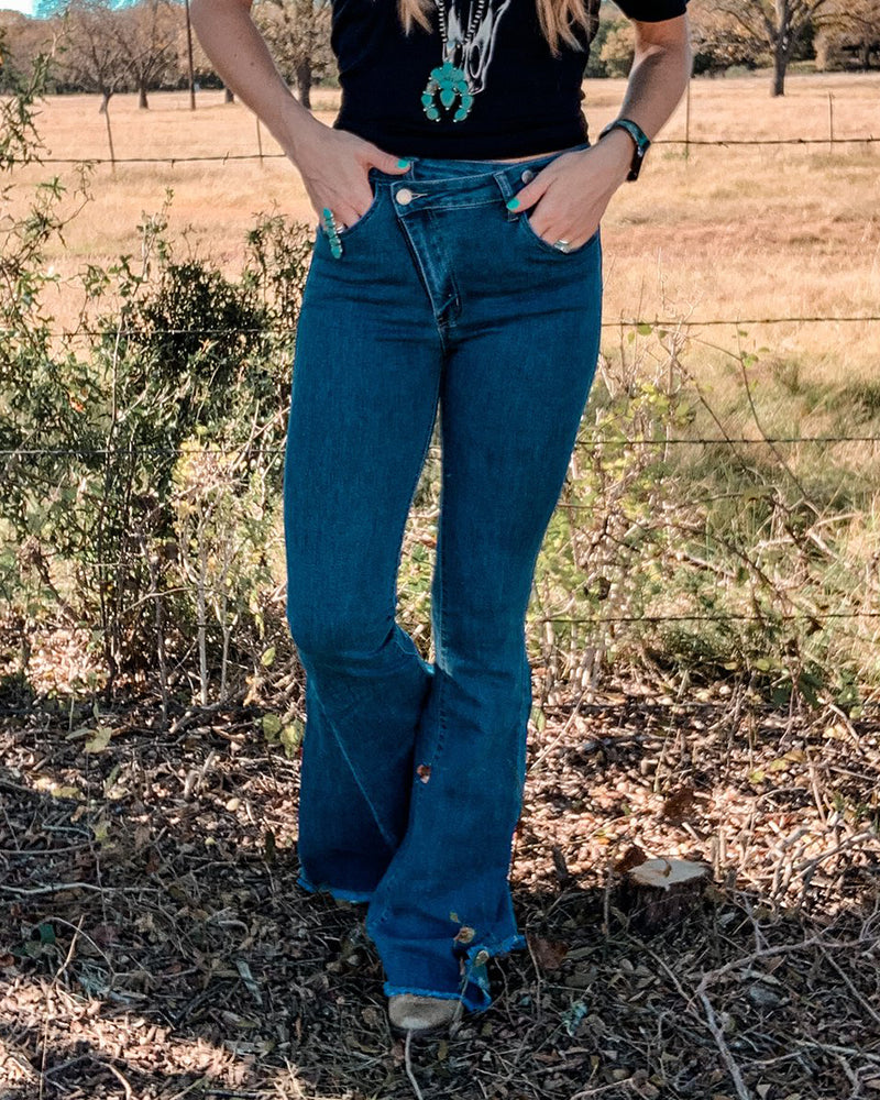 90s Vintage Raw Hem Asymmetrical Waist Flare Jeans