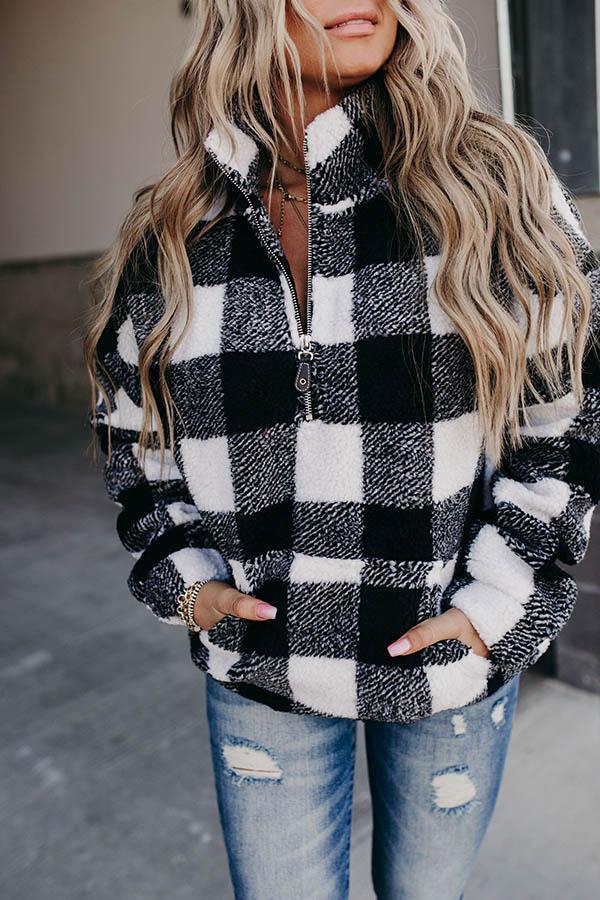 Black And White Plaid Jacquard Zipper Front Stand Collar Women Street Sweatshirt