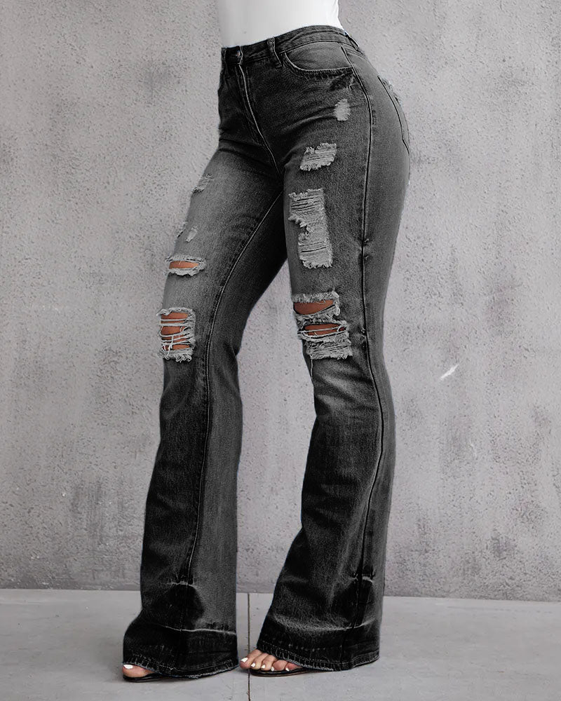 90s Vintage Ripped Mid Waist Flare Jeans