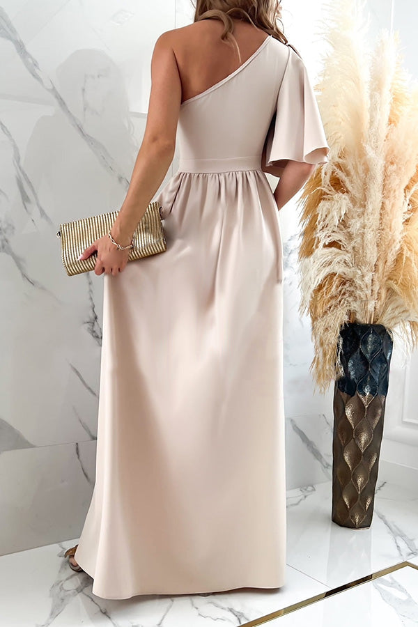 A Point In Time One Shoulder Ruffle Slit Maxi Dress