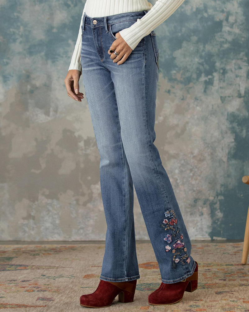 90s Vintage Floral Embroidery Side Straight Leg Jeans