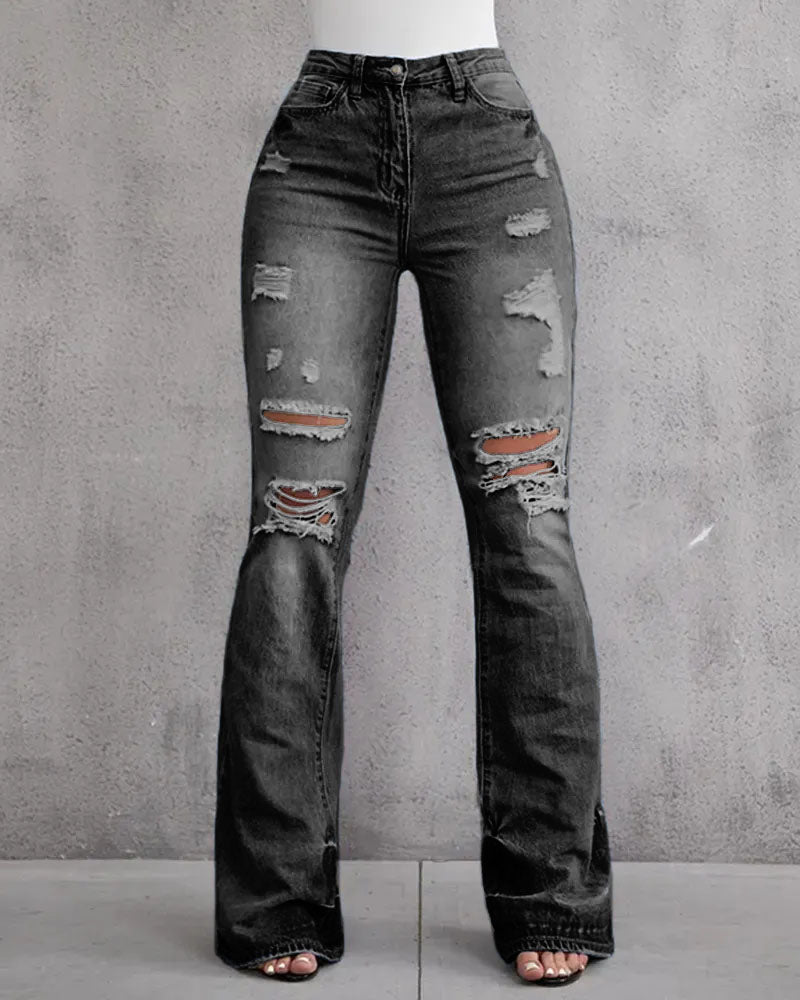 90s Vintage Ripped Mid Waist Flare Jeans