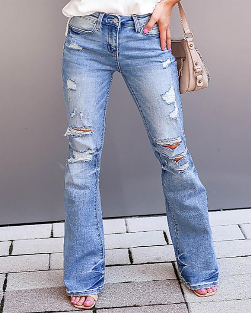 90s Vintage Ripped Mid Waist Flare Jeans