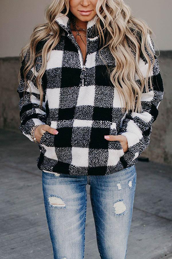 Black And White Plaid Jacquard Zipper Front Stand Collar Women Street Sweatshirt