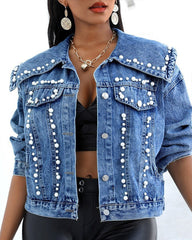 Beaded Single Breasted Sailor Collar Denim Jacket