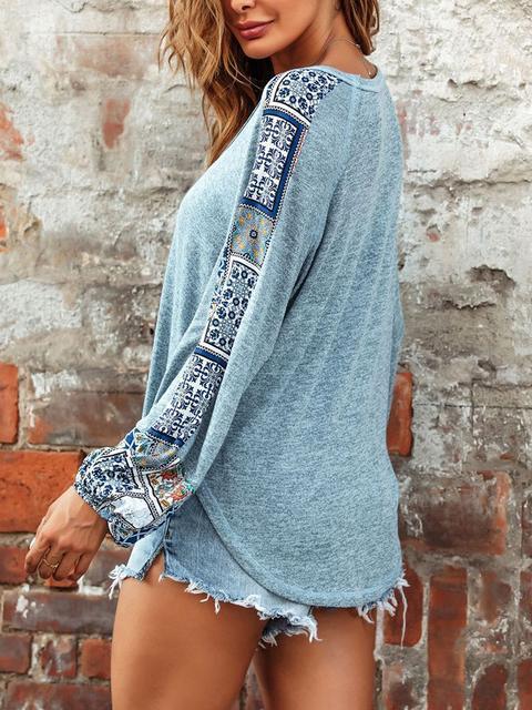 Ethnic Print Sleeve V-neck Top