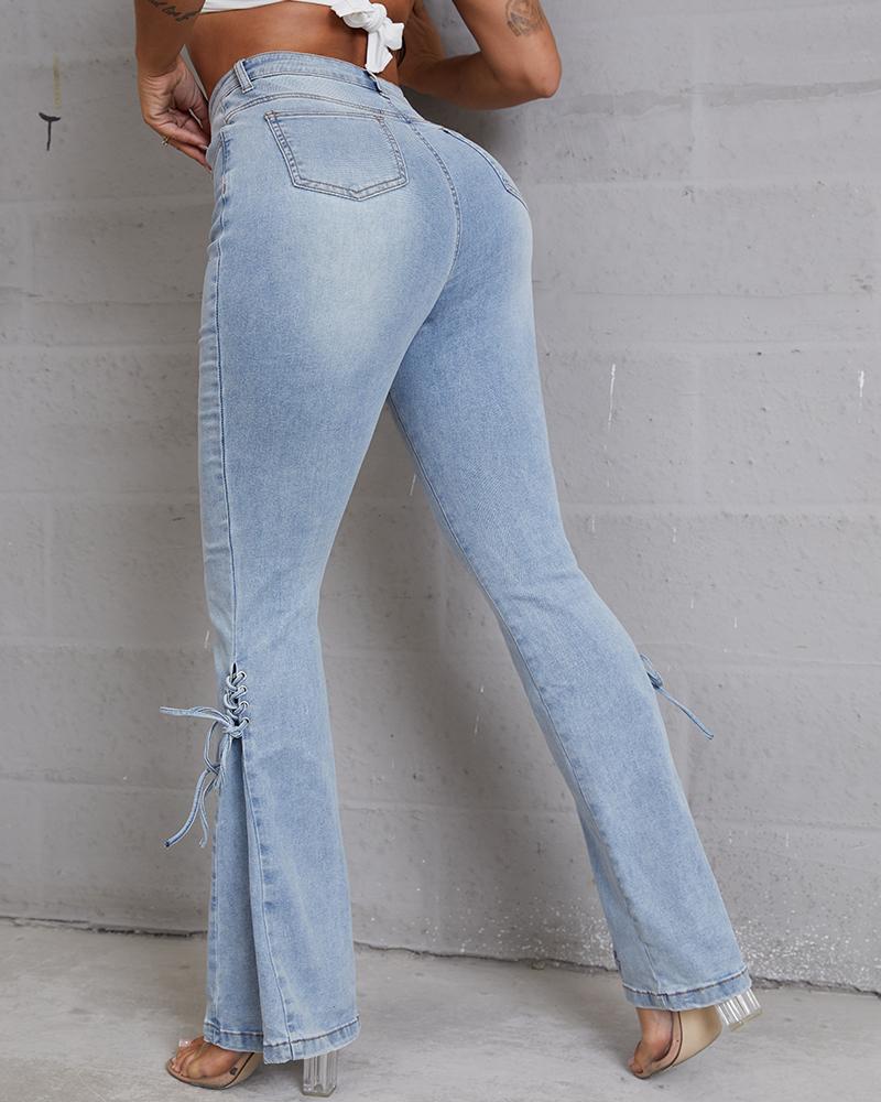 90s Vintage Lace Up Side Pleated Flare Jeans