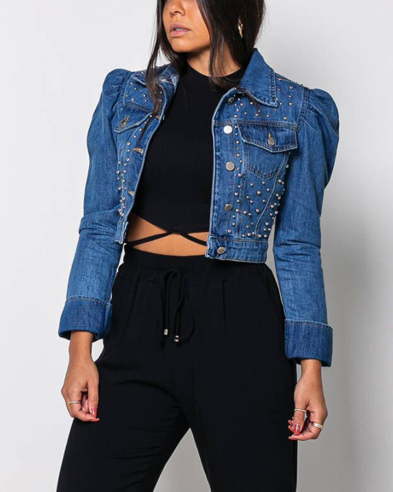 Beading Decor Button Up Puff Sleeve Denim Jacket